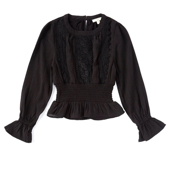 Chelsea Violet Big Girls Black Long Sleeve Smocked Lace-Trim Peplum Blouse Large - Picture 1 of 7
